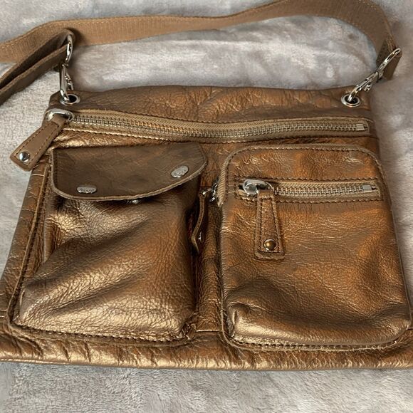 Fossil Crossbody Bag Front Pockets Metallic Bronze/Chocolate Pebbled Leather - Picture 1 of 16